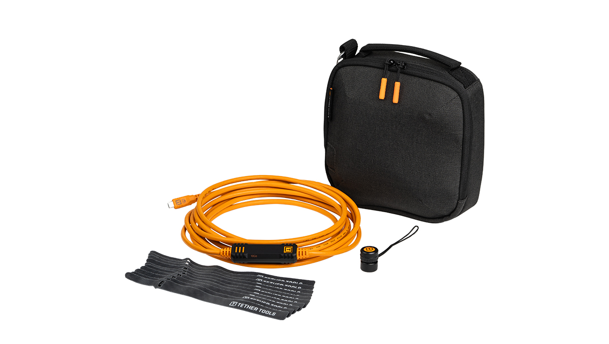 Starter Tethering Kit, Optima 10G USB-C – 15′ (4.6m) Straight to Straight, TetherGuard, TechManager Bag, Cable Ties orange